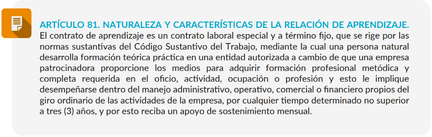 Artículo 81 CST: contrato de aprendizaje como relación laboral especial; inclusión de aprendices en la nómina electrónica (reforma laboral 2025).