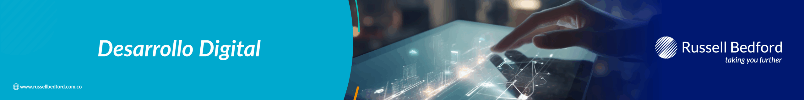 Banner corporativo sobre desarrollo digital e inteligencia artificial conversacional aplicada al crecimiento estratégico de las empresas, con enfoque en innovación, datos y toma de decisiones. Russell Bedford.