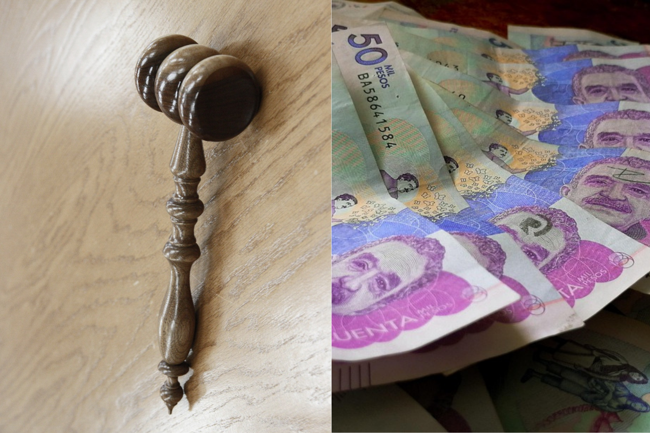 Mazo judicial junto a billetes colombianos, representando la demanda de nulidad salario mínimo 2026 y los Servicios legales laborales para empresas.