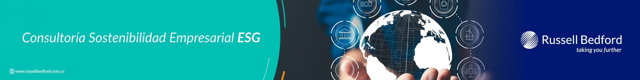 Banner de Russell Bedford sobre consultoría en sostenibilidad empresarial ESG y enfoque de doble materialidad.