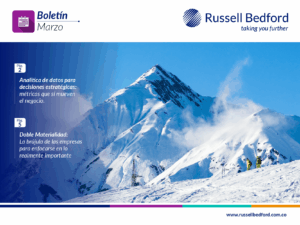Portada del boletín empresarial abril 2026 sobre analítica de datos y doble materialidad en Russell Bedford Colombia.
