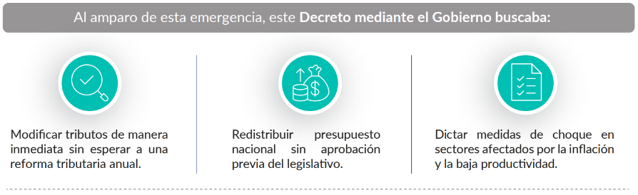 Imagen informativa sobre inseguridad jurídica tributaria y medidas del estado de emergencia en Colombia.