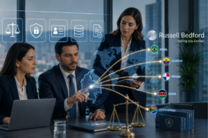 Imagen creada con IA de un equipo empresarial analizando hábeas data financiero y protección de datos. Russell Bedford.