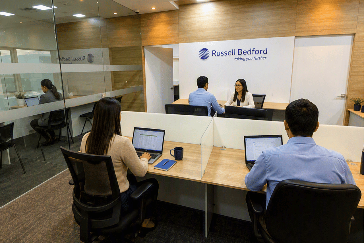 Oficinas de Russell Bedford Colombia con profesionales trabajando y atendiendo a un cliente en un entorno corporativo.