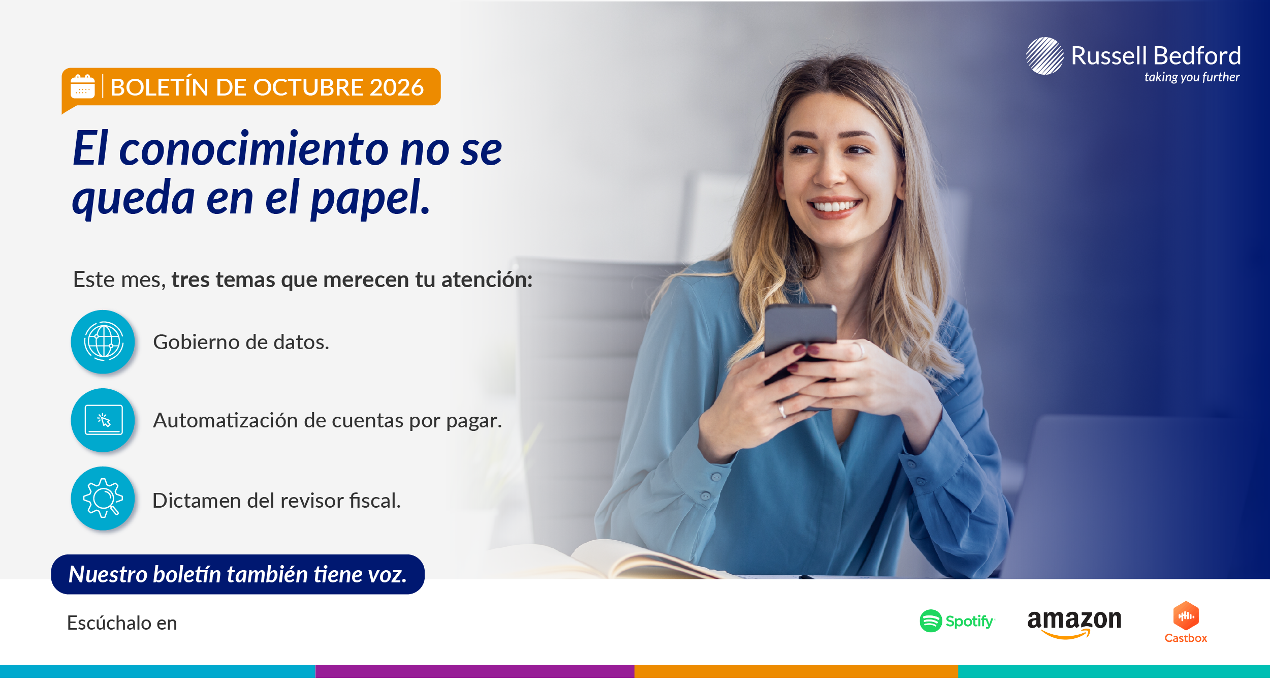 Imagen del boletín de octubre en audio de Consultorio Empresarial, el podcast de Russell Bedford.