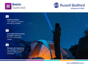 Imagen principal del boletín de octubre de Russell Bedford sobre gobierno de datos, automatización de cuentas por pagar y revisoría fiscal.